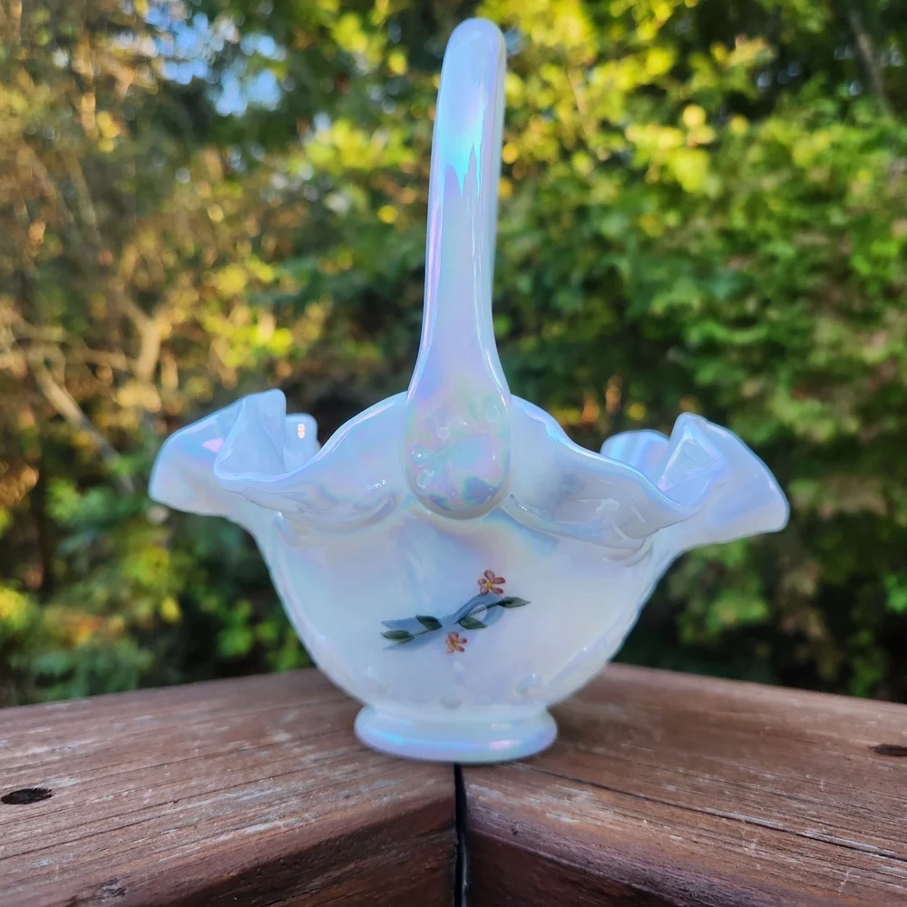 Fenton White Carnival Glass Opalescent Handpainted Basket Signed By Artist